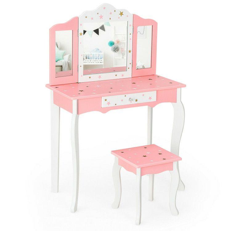 Kids Princess Vanity Table and Stool Set with Tri-folding Mirror and Drawer Pink |   Kids Vanities