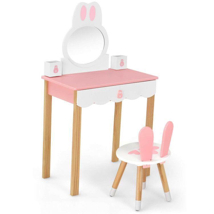 Kids Rabbit Vanity Table Chair Set with Mirror and Drawer Pink |   Kids Vanities