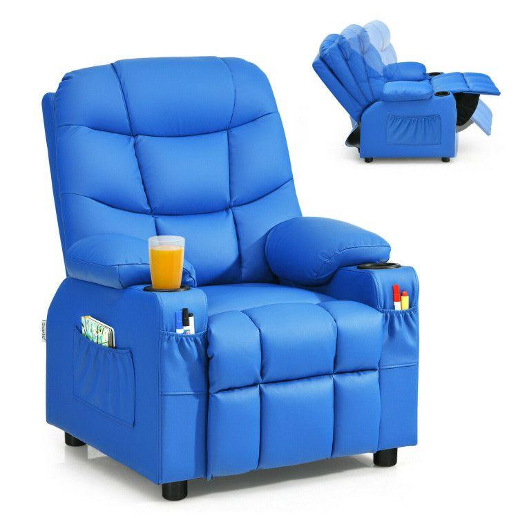 Kids Recliner Chair with Cup Holder and Footrest for Children Blue |   Kids Chairs & Seating