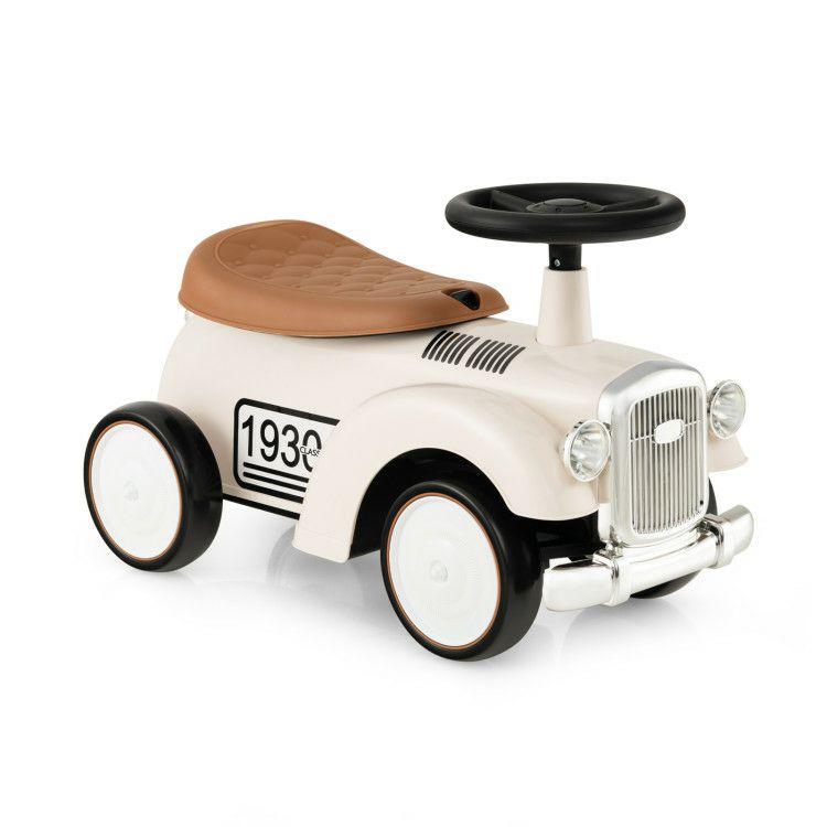 Kids Sit to Stand Vehicle with Working Steering Wheel and Under Seat Storage White |   Push & Pedal Ride On Toys