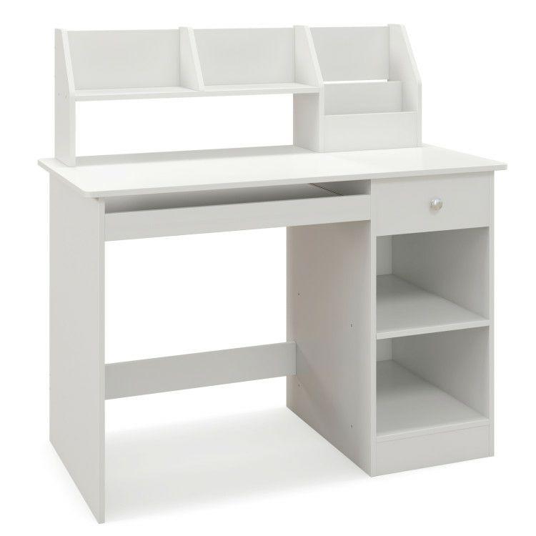 Kids Study Desk Children Writing Table with Hutch Drawer Shelves and Keyboard Tray White |   Kids Table & Chair Sets