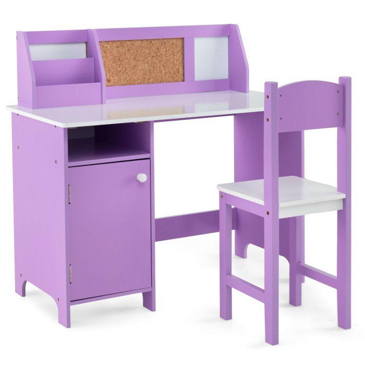 Kids Table and Chair Set with Bookshelf and Cabinet Study Table for Bedroom Purple |   Kids Table & Chair Sets