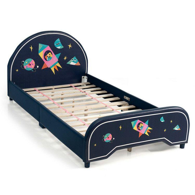 Kids Twin Size Upholstered Platform Bed with Rocket Pattern Blue |   Toddler Beds