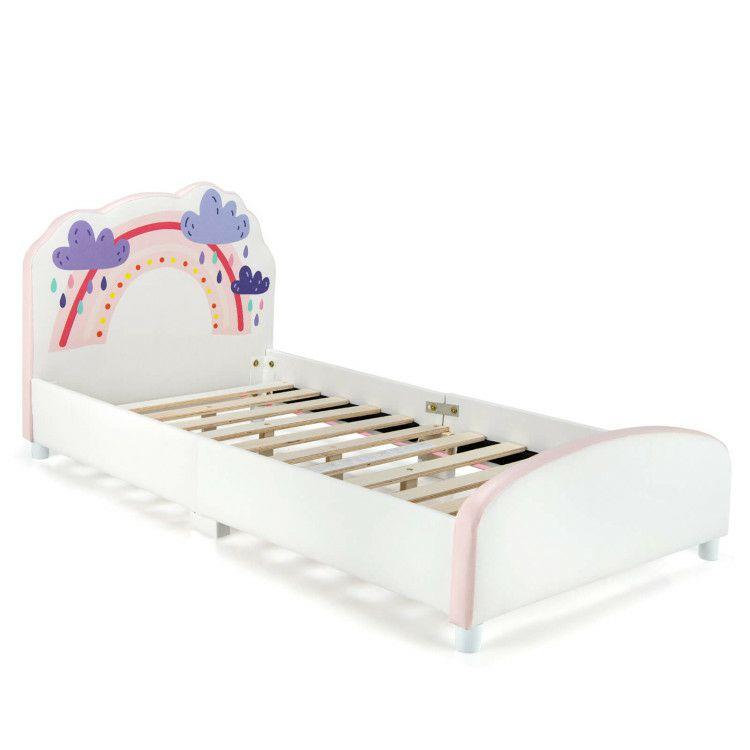 Kids Twin Size Upholstered Platform Wooden Bed with Rainbow Pattern White |   Toddler Beds