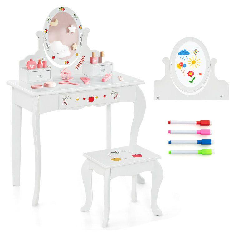 Kids Vanity and Stool Set with 360° Rotatable Mirror and Whiteboard White |   Kids Vanities