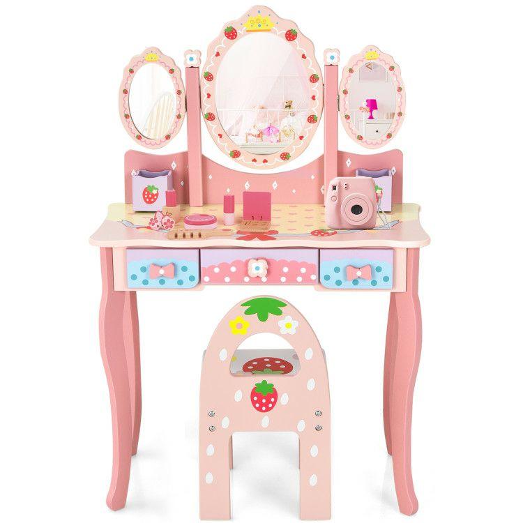 Kids Vanity Princess Makeup Dressing Table Chair Set with Tri-fold Mirror Pink |   Kids Vanities