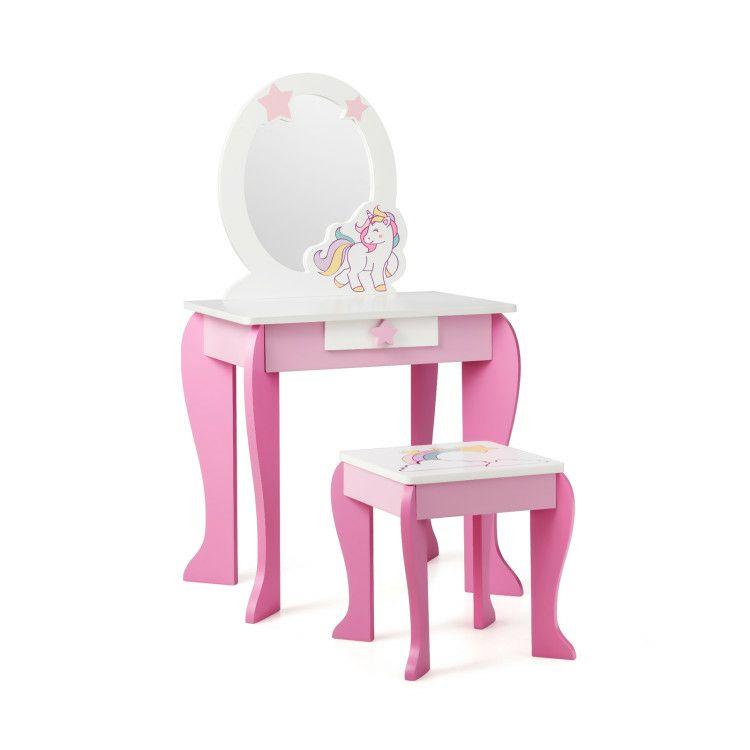 Kids Vanity Set Makeup Dressing Table and Chair Set with Mirror and Drawer Pink |   Kids Vanities