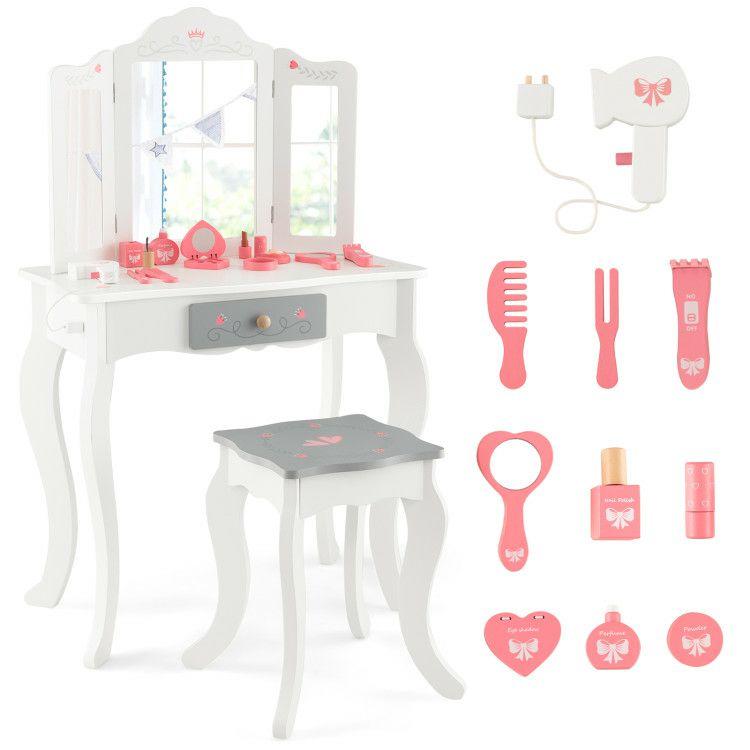 Kids Vanity Set with Tri-folding Mirror White |   Kids Vanities