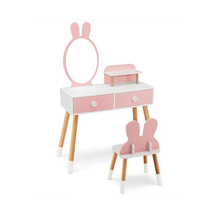 Kids Vanity Table and Chair Set with Drawer Shelf and Rabbit Mirror Pink |   Kids Vanities