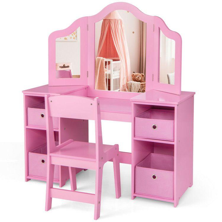 Kids Vanity Table and Chair Set with Removable Mirrors and 4 Storage Bins Pink |   Kids Vanities