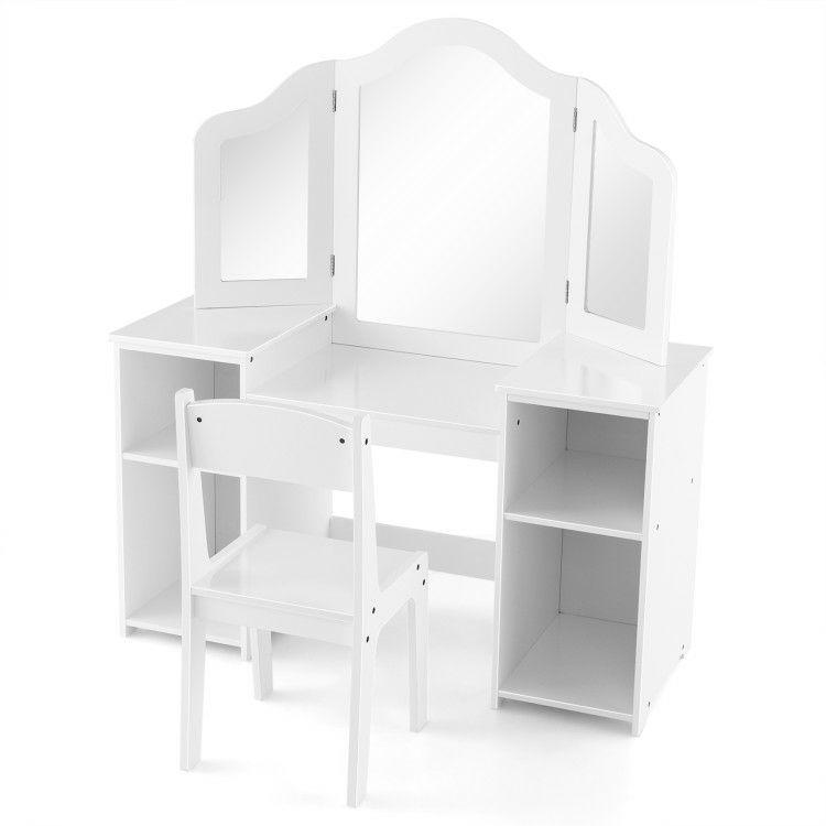 Kids Vanity Table and Chair Set with Removable Tri-Folding Mirror White |   Kids Vanities