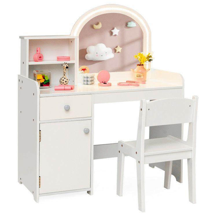 Kids Vanity Table and Chair Set with Shelves Drawer and Cabinet White |   Kids Vanities