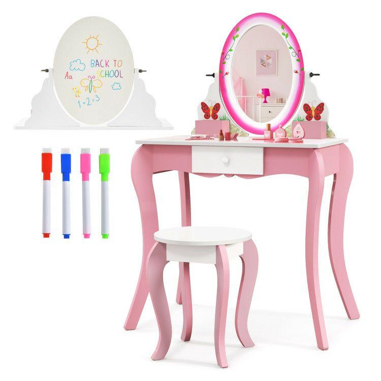 Kids Vanity Table and Stool Set with 360° Rotating Mirror and Whiteboard Pink |   Kids Vanities