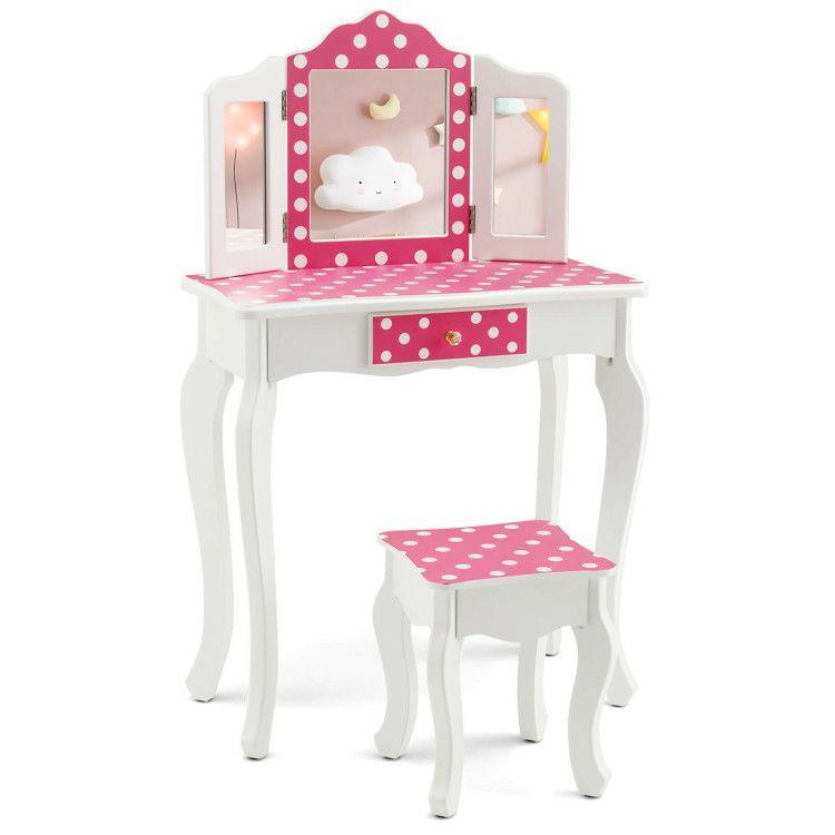 Kids Vanity Table and Stool Set with Cute Polka Dot Print Pink |   Kids Vanities