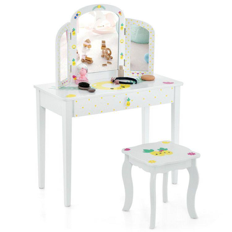 Kids Vanity Table Set with Tri-Folding Mirror and Large Drawer White |   Kids Vanities