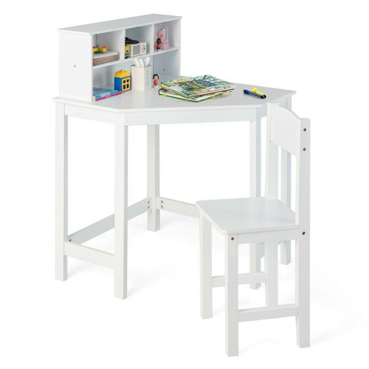 Kids Wooden Corner Desk and Chair Set with Hutch and Storage White |   Kids Table & Chair Sets