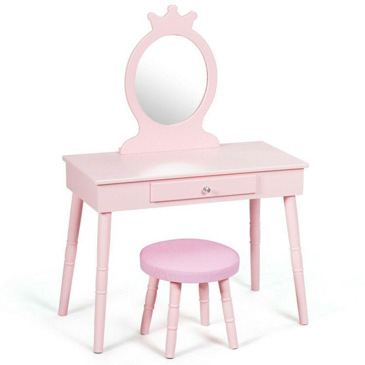 Kids Wooden Princess Makeup Table with Cushioned Stool Pink |   Kids Vanities