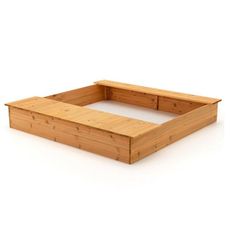 Kids Wooden Sandbox with Bench Seats and Storage Boxes Natural |   Outdoor Play