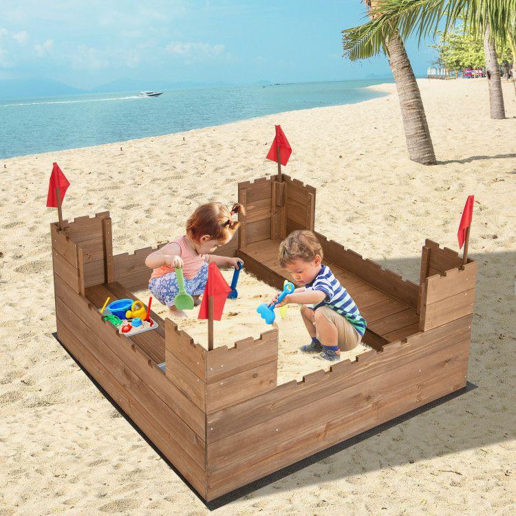 Kids Wooden Sandbox with Bottom Liner and Red Flags Brown |   Sandboxes