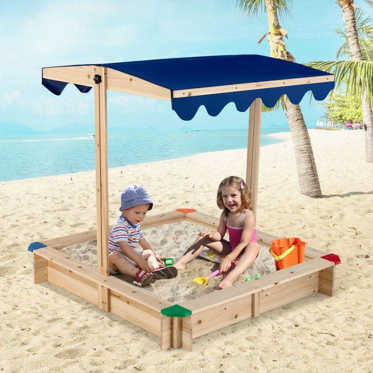 Kids Wooden Sandbox with Height Adjustable and Rotatable Canopy Outdoor Playset Natural |   Outdoor Play