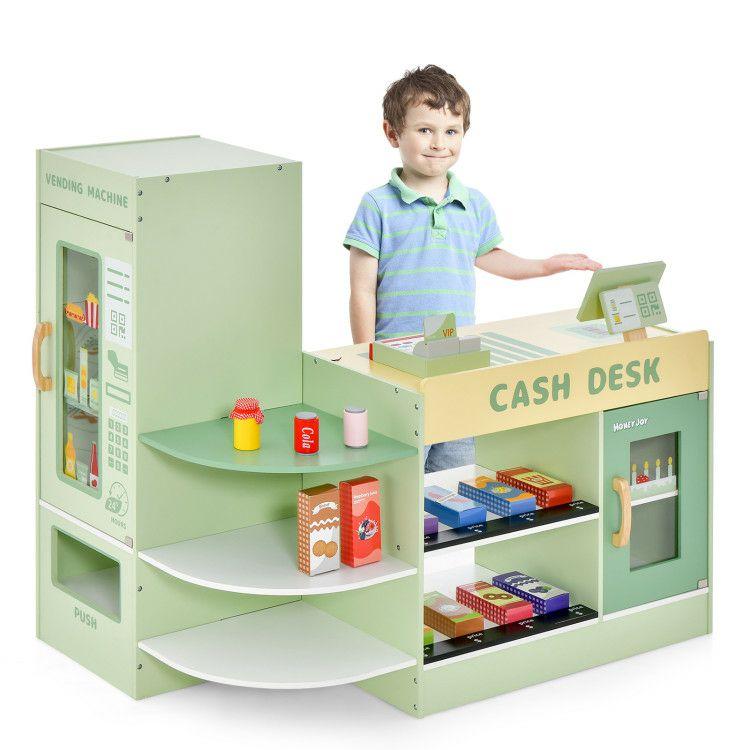 Kids Wooden Supermarket Play Toy Set with Checkout Counter Green |   Play Kitchen Sets