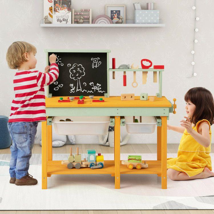 Kids Wooden Toy Workbench with Storage Space and Blackboard Multicolor |   Play Kitchen Sets