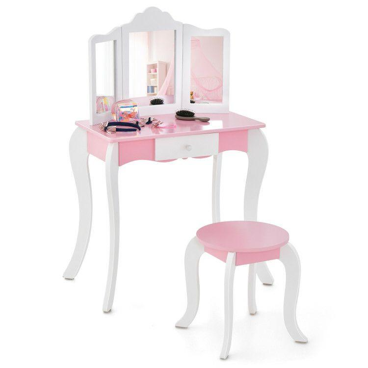 Kid’s Wooden Vanity Table and Stool Set  with 3-Panel Acrylic Mirror White |   Kids Vanities