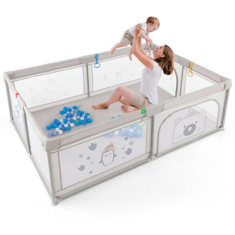 Large Baby Playpen with Pull Rings Ocean Balls and Cute Pattern Gray |   Baby Playpen & Playards