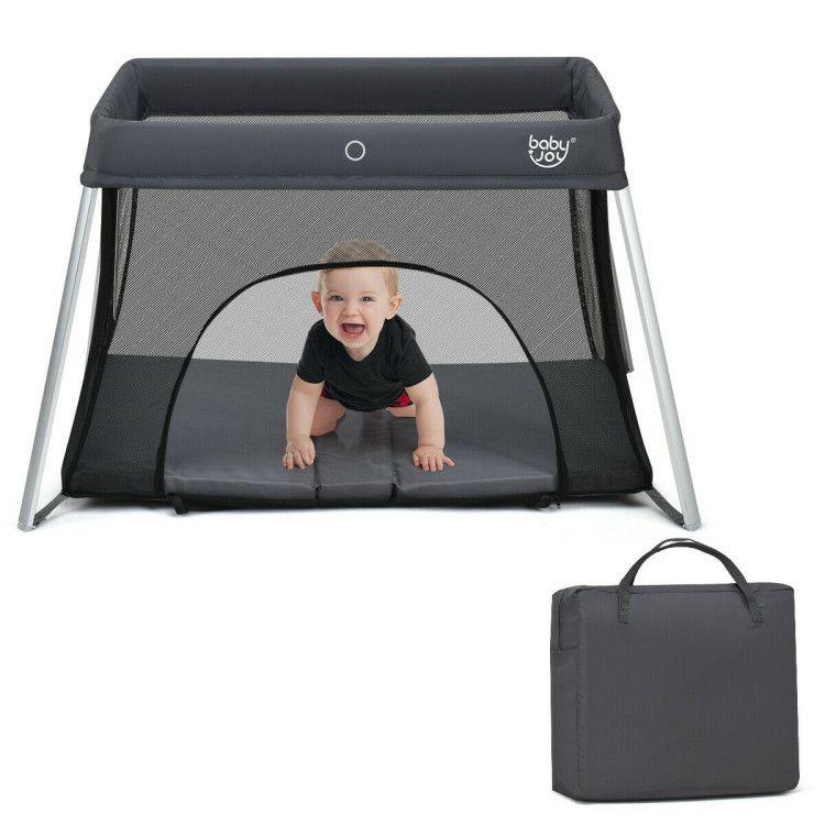 Lightweight Foldable Baby Playpen with Carrying Bag Dark Gray |   Baby Playpen & Playards