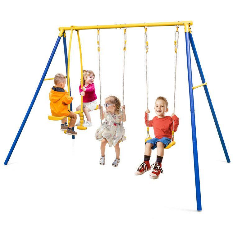 Metal Swing Set for Backyard with 2 Swing Seats and 2 Glider Seats Blue |   Swing & Playsets