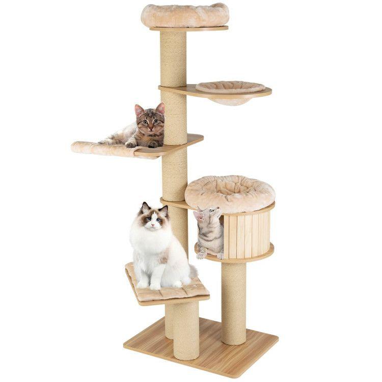 Modern Tall Cat Tree Tower with Scratch Posts and Washable Mats Natural |   Cat Trees, Condos & Scratchers