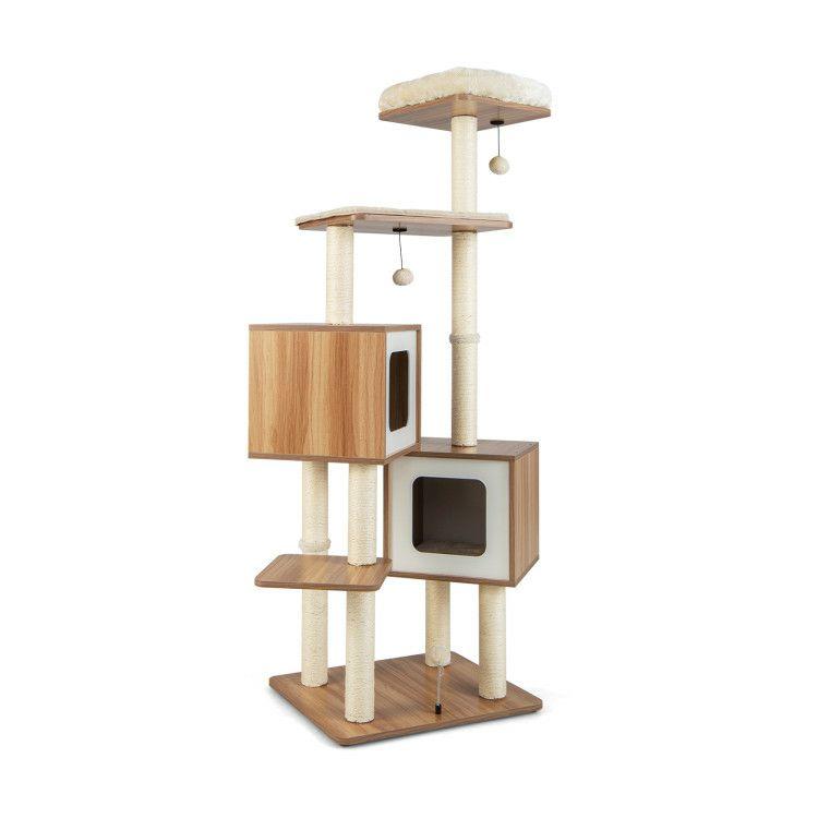 Modern Wooden Cat Tree with Perch Condos and Washable Cushions Natural |   Cat Trees, Condos & Scratchers