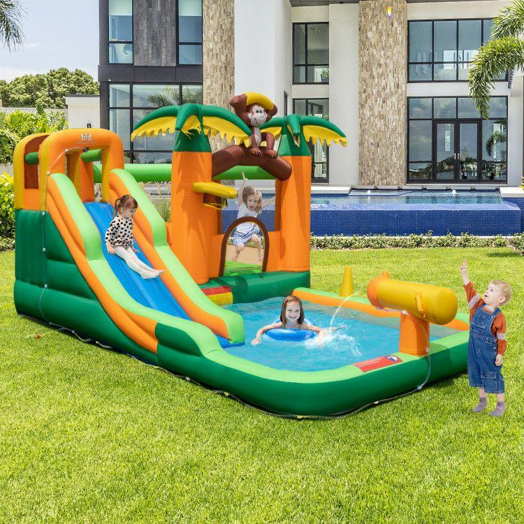 Monkey-Themed Inflatable Bounce House with Slide without Blower Multi-Color |   Outdoor Play