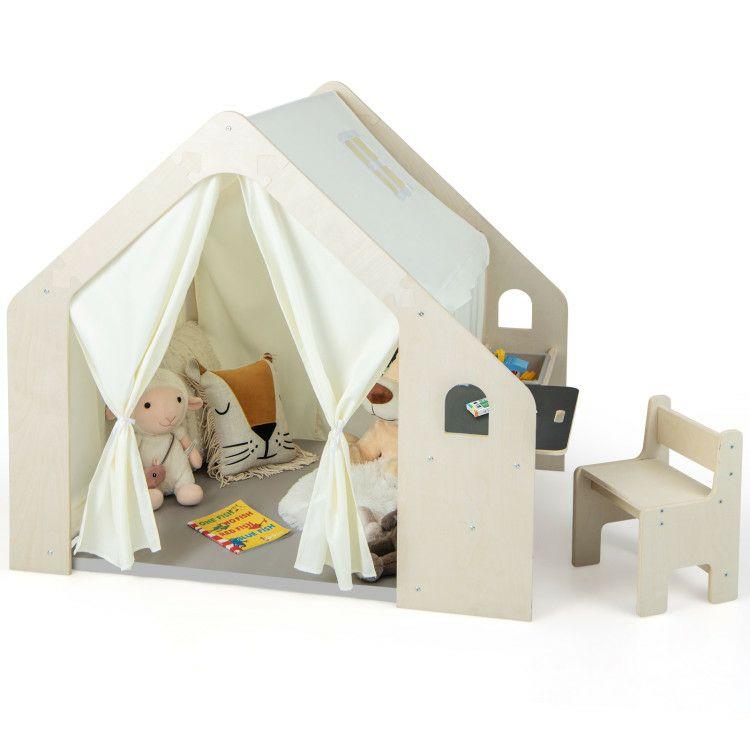 Montessori Style Indoor Playhouse with Storage Bin and Floor Mat for Toddlers Aged 2-6 Years Old Beige |   Play Tents & Playhouse