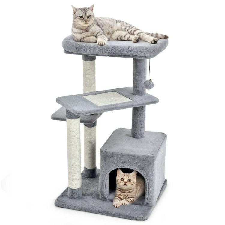 Multi-layer Cat Tree with Perch and Hanging Ball Gray |   Cat Trees, Condos & Scratchers