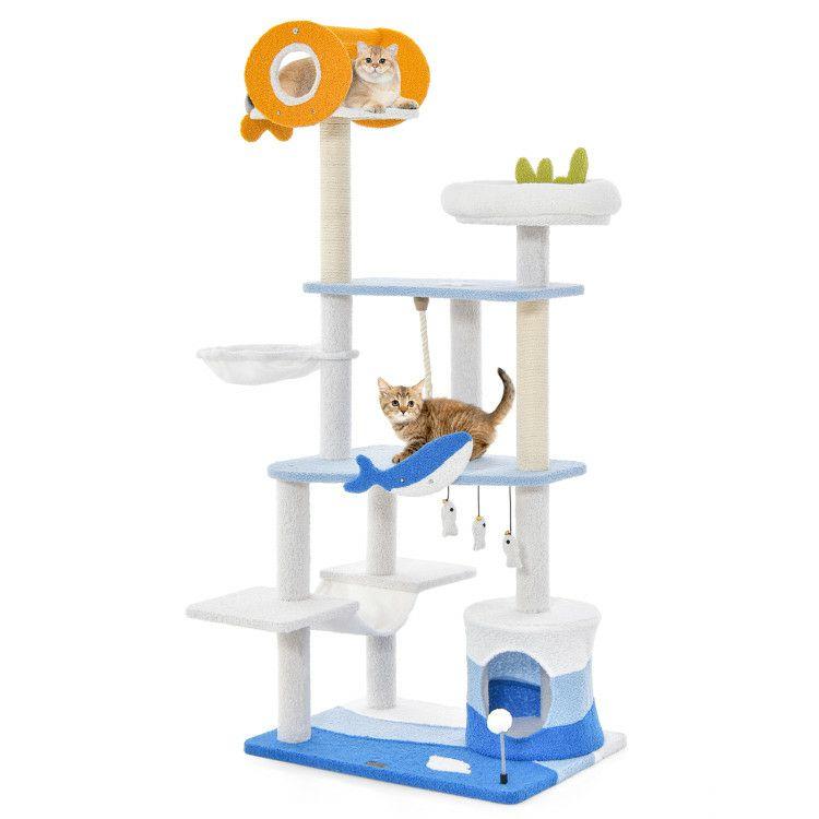 Multi-level Ocean-themed Cat Tree Tower with Sisal Covered Scratching Posts Blue |   Cat Trees, Condos & Scratchers