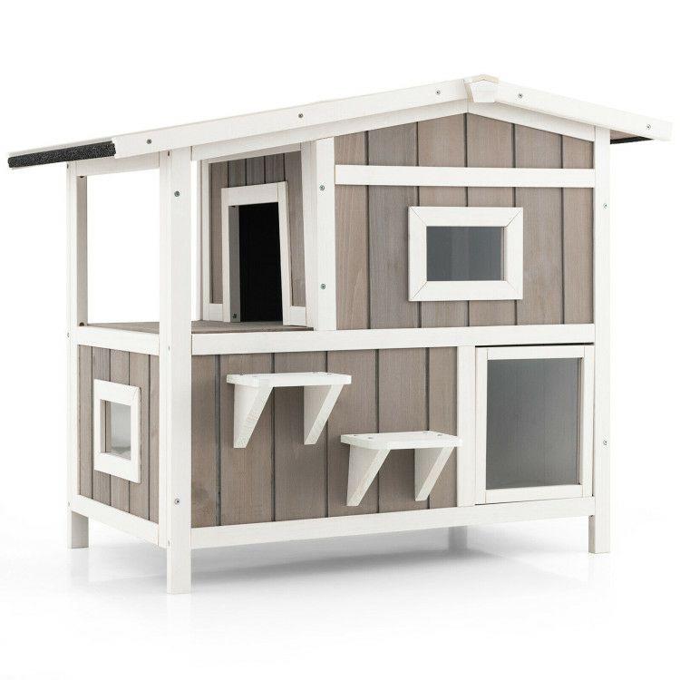 Outdoor 2-Story Wooden Feral Cat House with Escape Door Gray |   Cat Houses