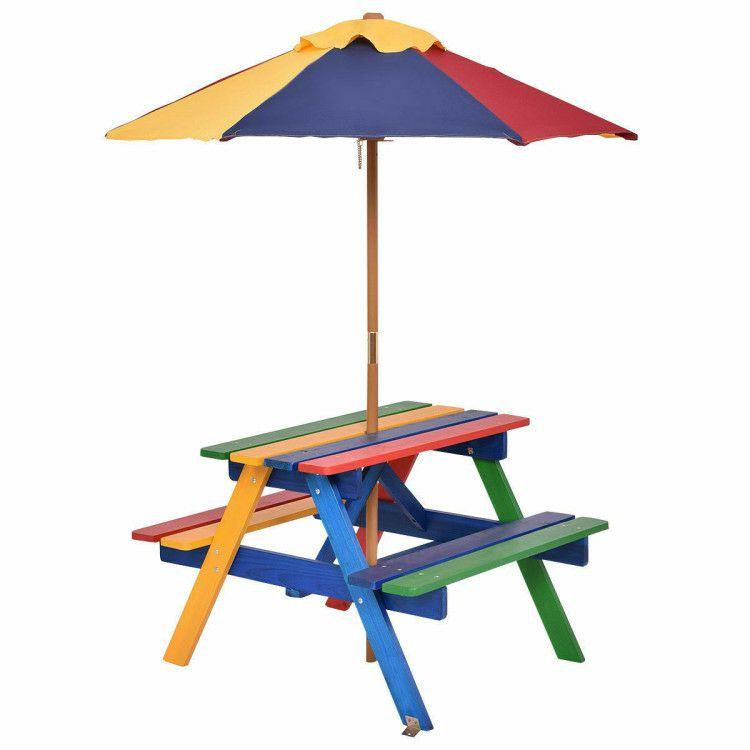 Outdoor 4-Seat Kids Picnic Table Bench Set with Removable Umbrella Multicolor |   Kids Table & Chair Sets