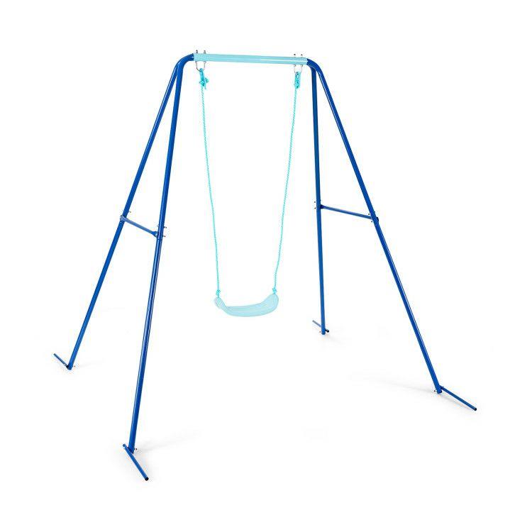 Outdoor Kids Swing Set with Heavy-Duty Metal A-Frame and Ground Stakes Blue |   Outdoor Play