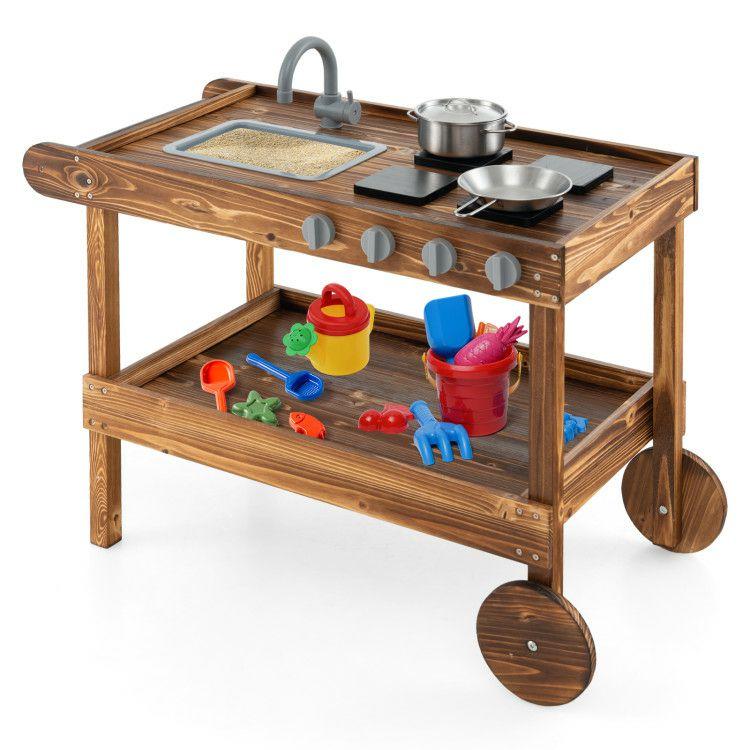 Outdoor Movable Mud Kitchen with 2 Rolling Wheels and 1 Push Handle Natural |   Play Kitchen Sets