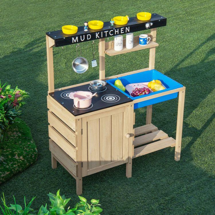 Outdoor Mud Kids Kitchen Playset Wooden Pretend Play Toy with Kitchenware Natural |   Play Kitchen Sets