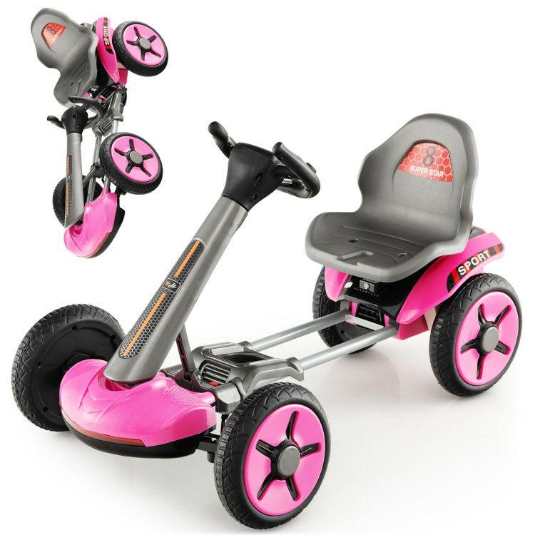 Pedal Powered 4-Wheel Toy Car with Adjustable Steering Wheel and Seat Pink |   Powered Ride On Toys