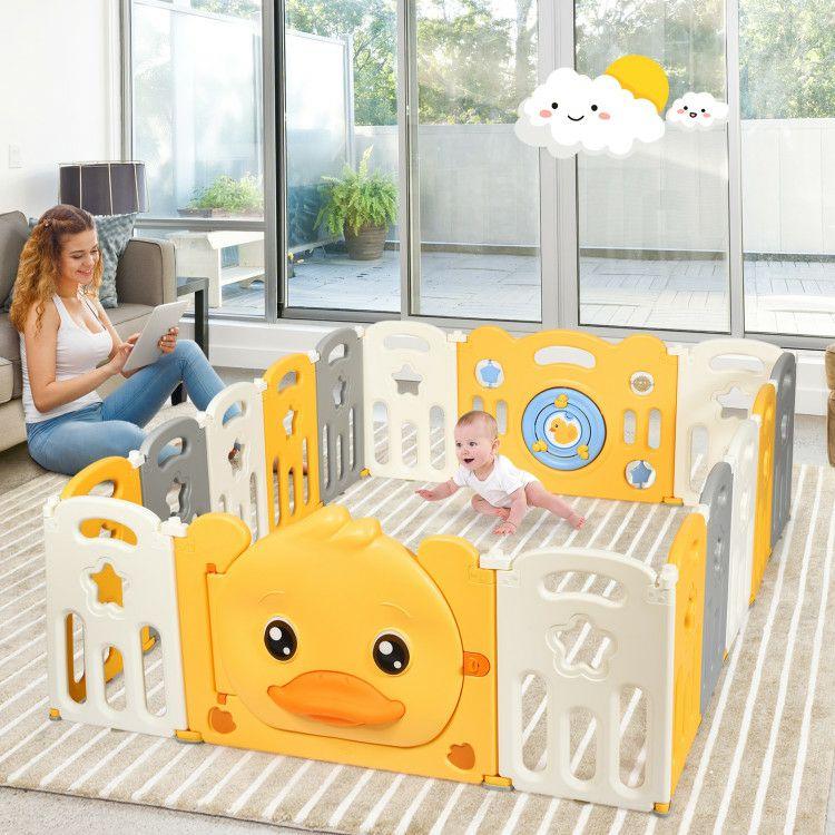 Portable Baby Playpen with Yellow Duck Pattern and Non-Slip Rubber Bases Yellow + White |   Baby Playpen & Playards