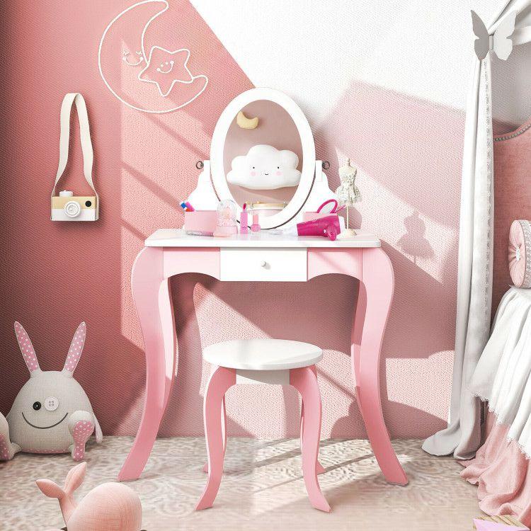 Pretend Kids Vanity Set with 360° Rotatable Mirror and Play Accessories  |   Kids Vanities