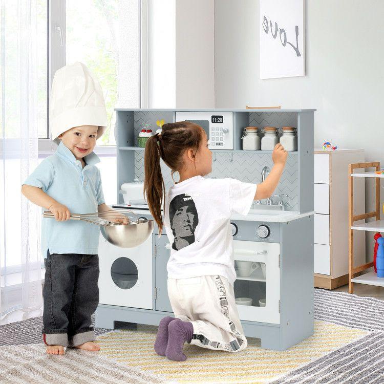 Pretend Play Kitchen Wooden Toy Set for Kids with Realistic Light and Sound White And Gray |   Play Kitchen Sets