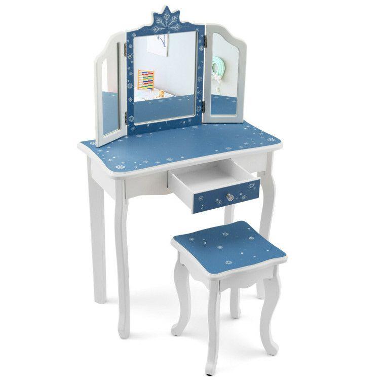 Princess Vanity Table and Chair Set with Tri-Folding Mirror and Snowflake Print Blue |   Kids Vanities