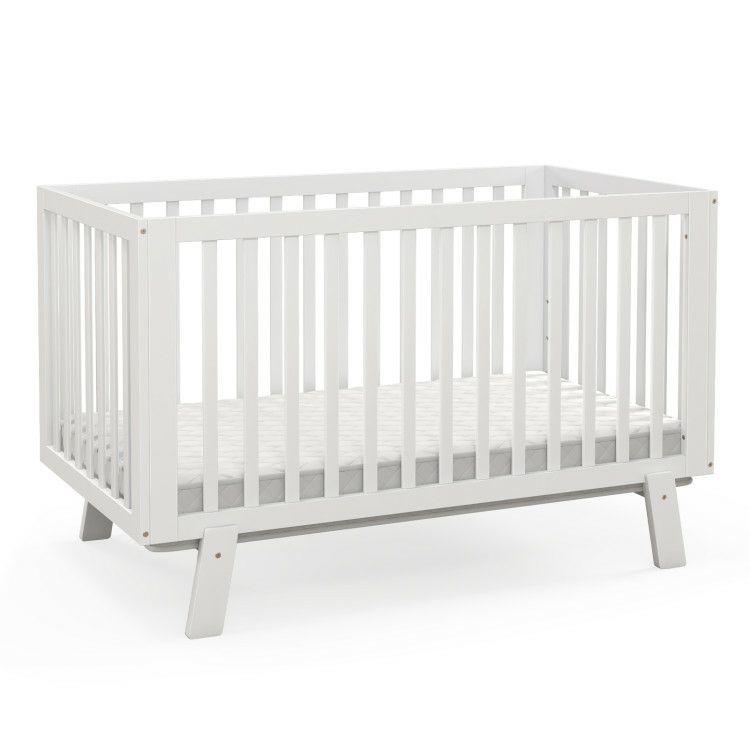 Rubber Wood Baby Crib with Adjustable Mattress Heights and Guardrails White |   Baby Playpen & Playards