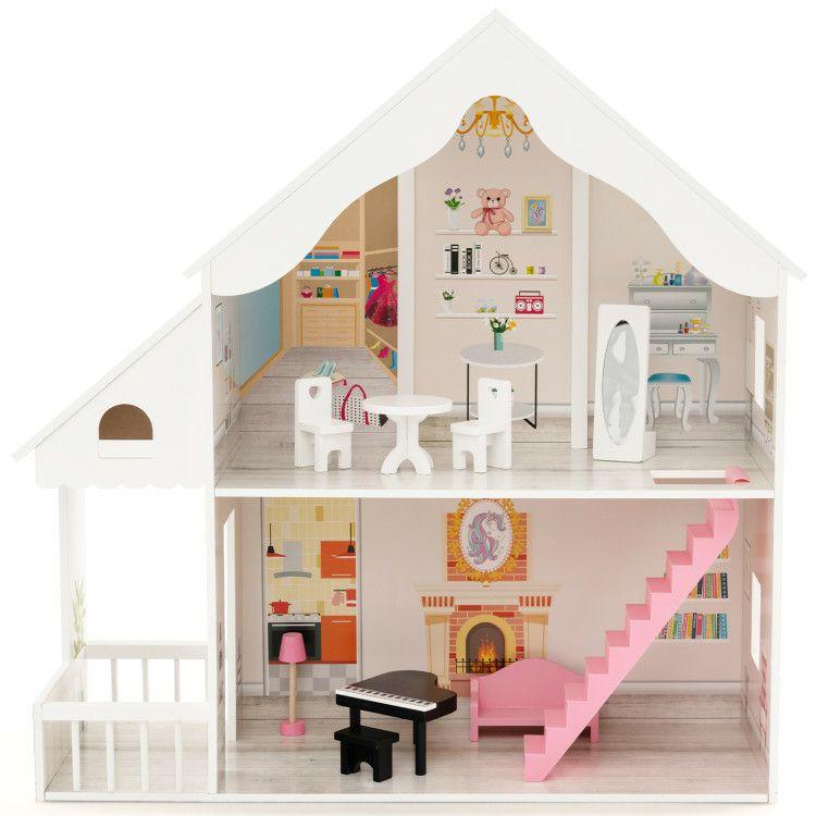 Semi-Opened DIY Dollhouse with Simulated Rooms and Furniture Set White |   Play Tents & Playhouse