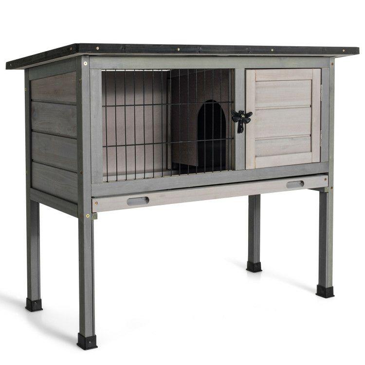 Small Elevated Rabbit Hutch with Hinged Asphalt Roof and Removable Tray Grey |   Rabbit Hutches