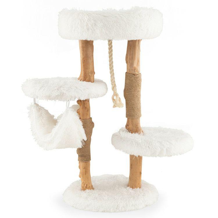 Solid Wood Cat Tower with Jute Scratching Posts and Hanging Rope White |   Cat Trees, Condos & Scratchers